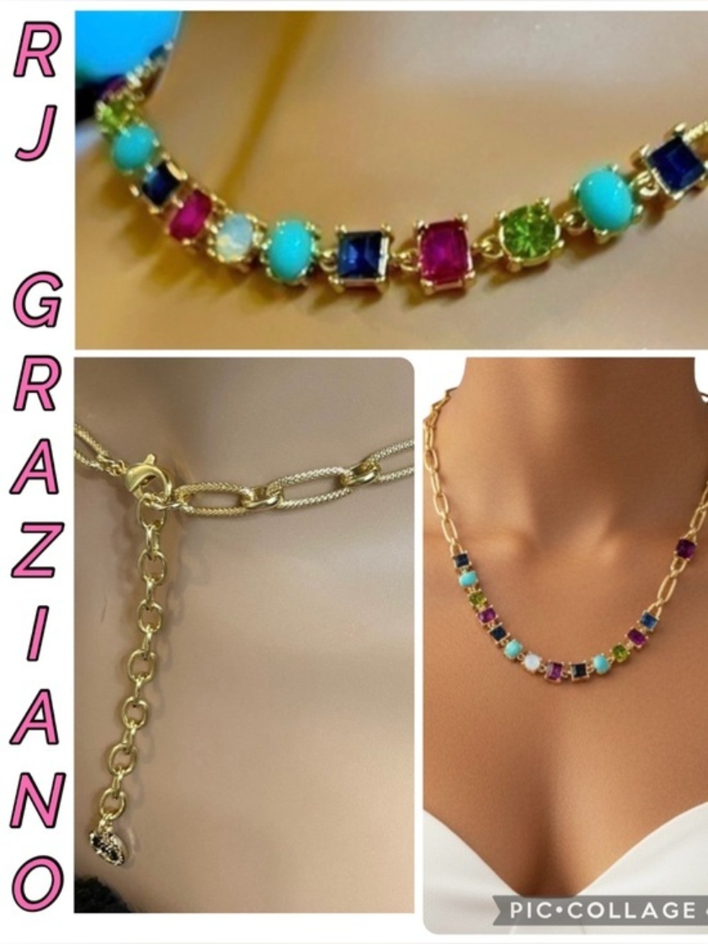 Graziano Signed RJ Multi Colored Lucite Rhinestone Chain Link Necklace FIRM